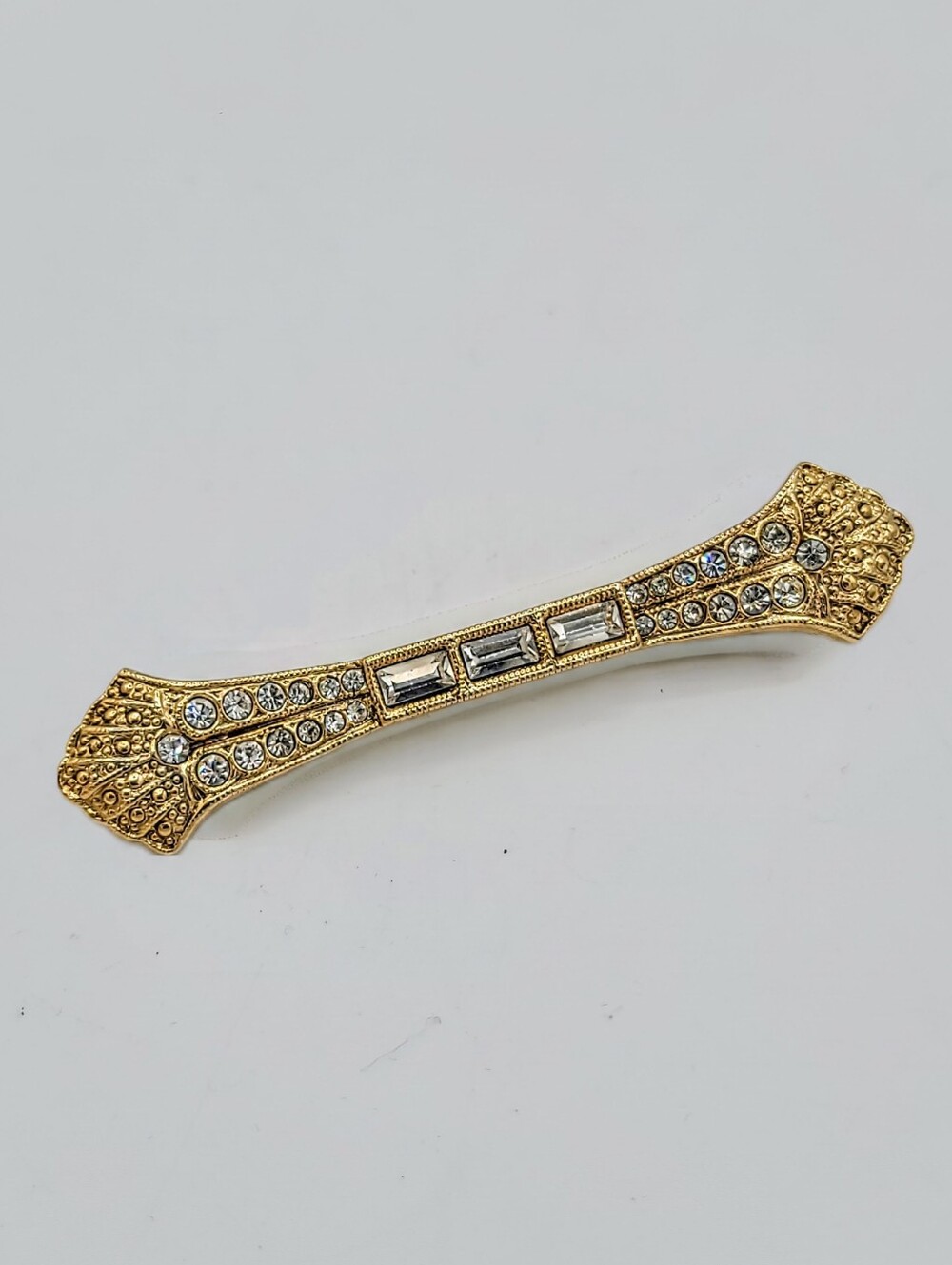 1928 Jewelry Art Deco Revival Rhinestone Bar Brooch Gold Tone 1980s Vintage